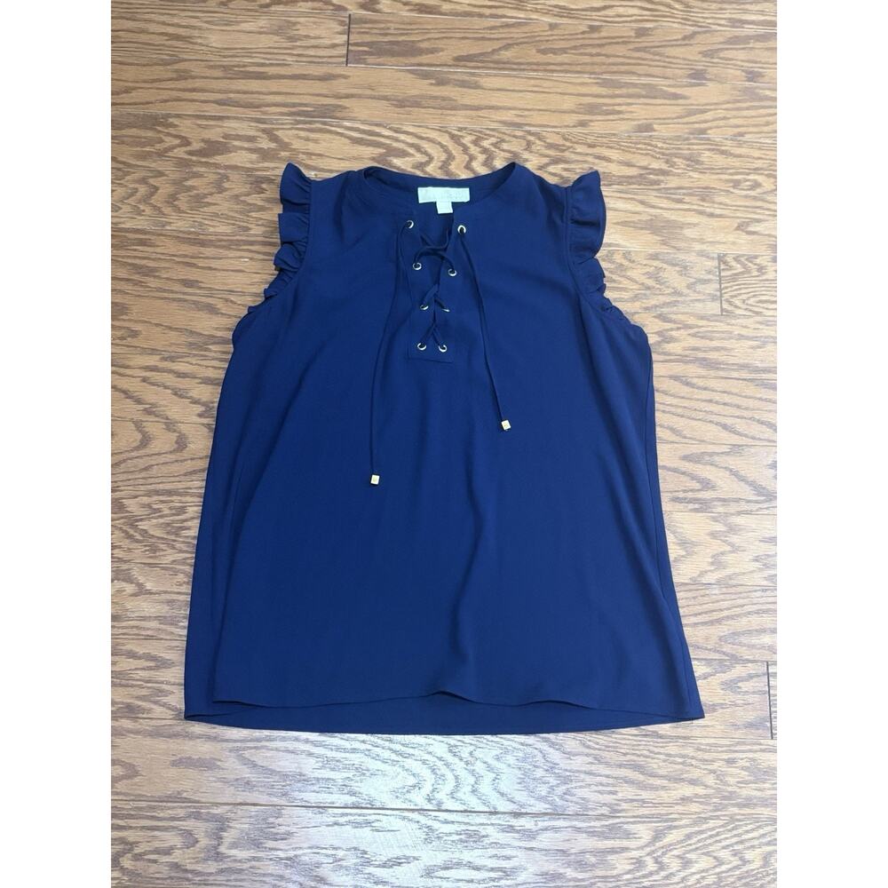 Michael Kors Women's Navy Blue Ruffled Sleeveless Tie Neck Blouse Shirt, Sz L